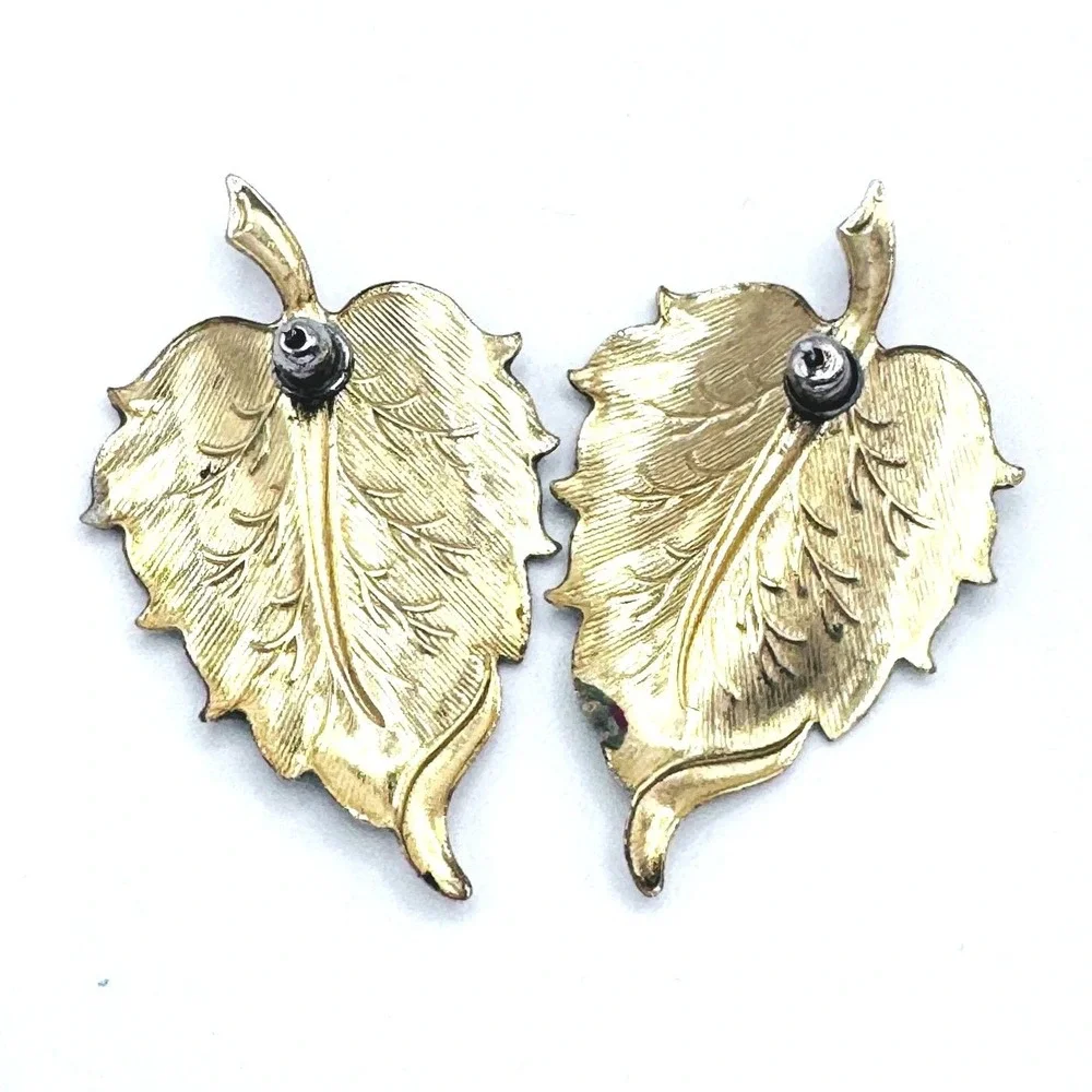Vintage Enamel Leaf Earrings Gold Tone Fall Autumn‎ Nature Statement Studs